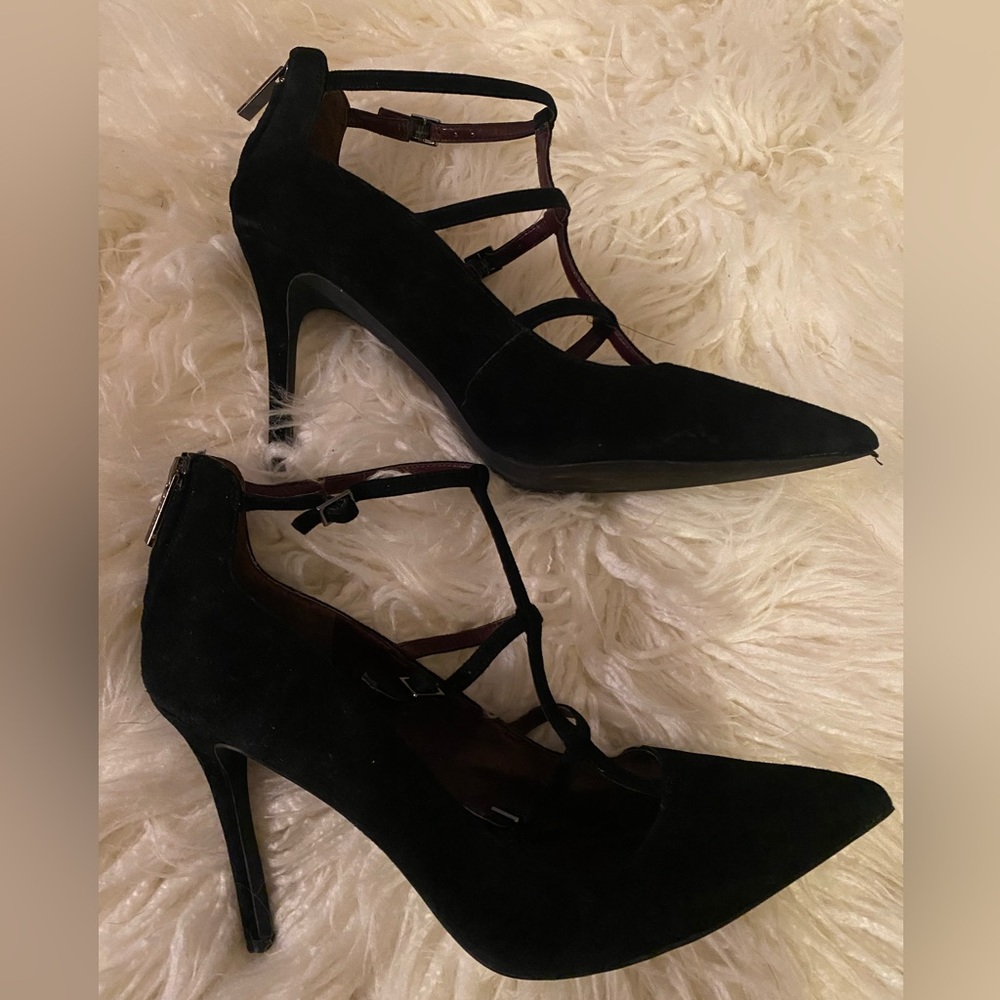 BCBGeneration Black suede caged pumps in a size 12